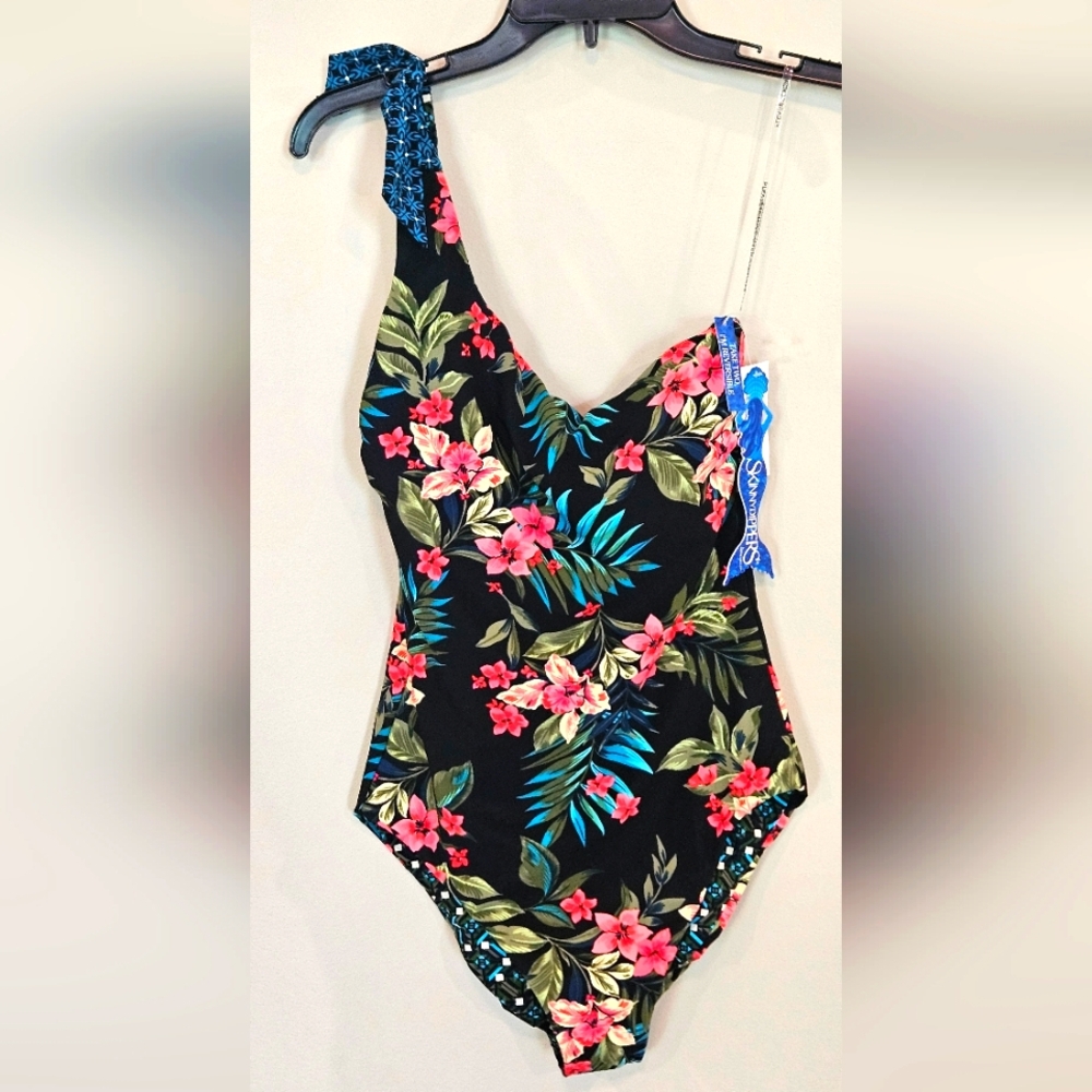 NWT SkinnyDippers‎ Miraclesuit Reversible Swimsuit: Black Multi: Size- Medium